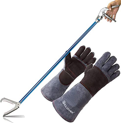IC ICLOVER 52 Inch Aluminum Alloy Snake Tongs+Snake Bite Proof Gloves, Professional Standard Reptile Grabber Rattle Snake Catcher Wide Jaw Handling Tool, 16inch Animal Handling Gloves