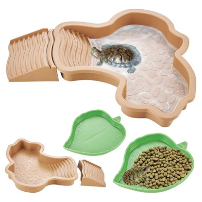 3PCS Tortoise Water Dish with Leaf Reptile Food Dish, Brownish | Anti-slip Reptile Bathing Pool with Ramp, Smooth Tortoise Water Dish Turtle Pool for Lizard Gecko Snake Frog Amphibians - color: Brownish Yellow