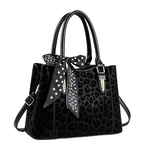 3 Compartment Satchel Purse Top Hnadle Bags Hobo Handbag for Women | Multi Compartment,Medium,Leopard Print Faux Fur,Detachable Shoulder Crossbody Strap,Work Office Daily,High elasticity base - color: Black Leopard