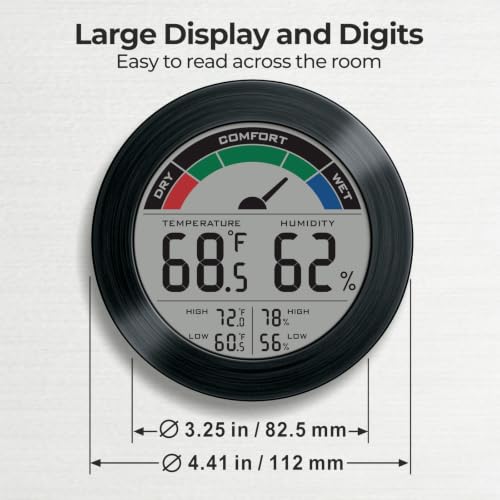 Digital Hygrometer Indoor Thermometer Humidity Meter Room Temperature Humidity Monitor, Metal Frame with Brushed Stainless Finish, DM9442 (Black Stainless) - color: Black Stainless