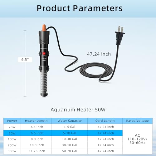 HiTauing Aquarium Heater 25W/50W/100W/200W/300W, Adjustable Knob Fish Tank Heater with Digital Thermometer, Submersible Betta/Turtle Tank Heater for Freshwater and Saltwater Tanks - size: 50W for 5-10 gallon