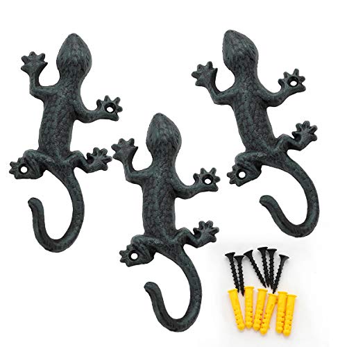 Gecko Wall Hooks for Hanging, Rustic Iron Coat Hooks Wall Mounted Towel Hooks,Heavy Duty Key Holder for Decor - 3Pcs