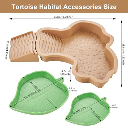 3PCS Tortoise Water Dish with Leaf Reptile Food Dish, Brownish | Anti-slip Reptile Bathing Pool with Ramp, Smooth Tortoise Water Dish Turtle Pool for Lizard Gecko Snake Frog Amphibians - color: Brownish Yellow