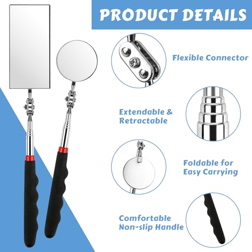 Telescoping Inspection Mirror, 2 Pack Round & Rectangular Mechanic Mirrors | Extendable Reach, 360° Swivel Heads, Comfort Grip for Auto Repair, Engines, Appliances, Plumbing and Home Inspection