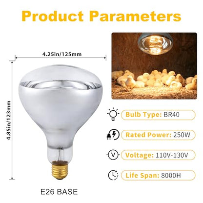 250 Watt Heat Lamp Bulbs, Clear Incandescent Heating Outdoor Light Bulb for Bathroom, Chickens, Chicks, Ceiling, Reptile, Food, Plants, Medium E26 Base - 2 Pack - size: 2 Pack
