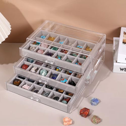 Rock Display Case, 54 Girds Rock Collection Display, Rock Collection Box for Kids with Acrylic Cover and Velvet Compartment, Gemstone Display Case for Stones, Crystals, Gems (Grey) - size: Grey