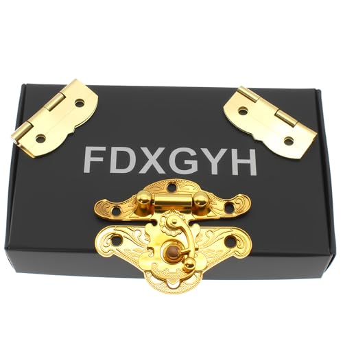 FDXGYH 1 Pcs Antique Hasp Latch and 2 Pcs Butterfly-Shape Hinges Decorative Lock Buckle with Matching Screws [Gold] - color: Gold