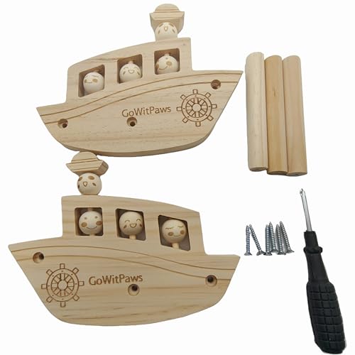 Natural Wooden Rocking Boat Perch Stand with Rotating Beads, Small & Medium Bird Playground Toy for Parakeets, Conure, Cockatiel, 7x5.5x5.3 Inch