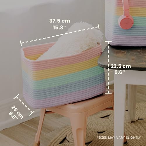 OrganiHaus Rainbow Baskets for Shelves, Set of 3, 15x9x10 | Colorful, handwoven cotton rope; a toy bin for playroom, classroom, or girls' room decor; great for nursery too - color: Rainbow Pastel