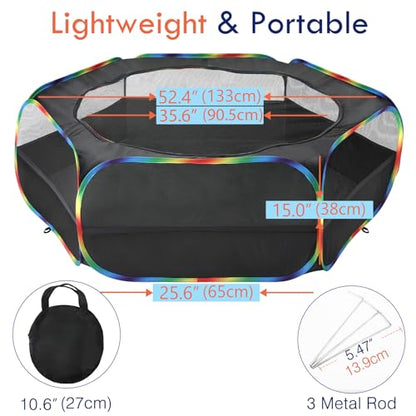 Pawaboo Small Animal Playpen with Zippered Cover, Black + Rainbow | Portable pop-up pet tent for supervised rabbits, guinea pigs, chicks and kittens; water-resistant bottom and 3 metal rods - color: Black + Rainbow
