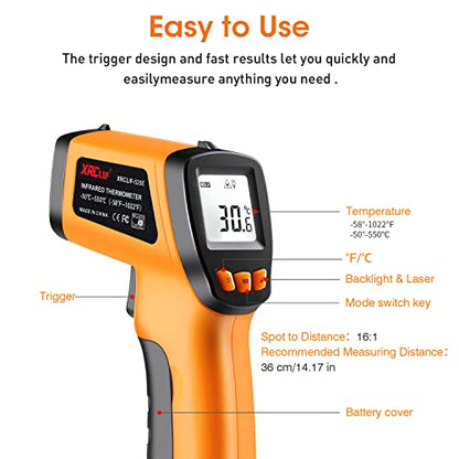 Laser Thermometer Infrared Temp Gun with Self Calibration -58°F to 1022°F (-50°C to 550°C), Not for Human Digital Infrared Thermometer Pyrometer with Backlit for Kitchen Cooking Industry, Automotive - color: Yellow -58°F ~ 1022°F