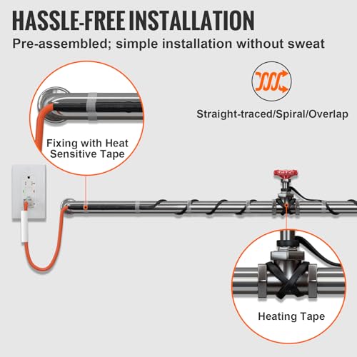 VEVOR Self-Regulating Pipe Heating Cable, 40FT 5W/FT Heat Tape for Pipes Freeze Protection, Water Pipe Heat Cable with Built-in Thermostat Protects PVC Hose, Metal and Plastic Pipe from Freezing - size: 40FT