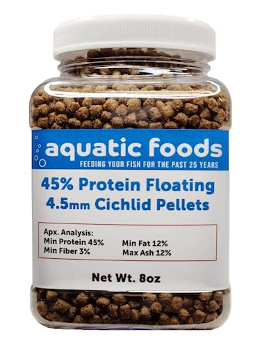 Cichlid Pellets, 45% Protein Floating 4.5mm (5/32") Pellets …8oz Small Jar | 45% Protein, Floating 4.5mm (5/32") Pellets, For Oscars, Central American, South American Cichlids, Small Jar - size: 8 Ounce (Pack of 1)