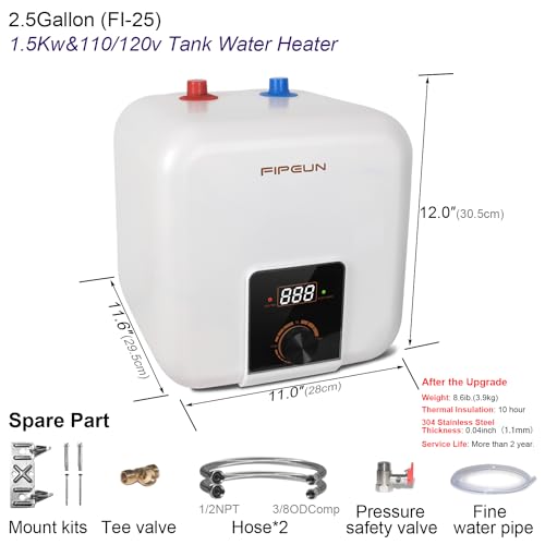 110V/115v/120V 1400-1500W Small Under Sink Tank 2.5 Gallon Water Heater Hot Storage，Mini Instant Electric RV TR Trailer Kitchen Compact Point-of-Use,2 PCs 16” Long 1/2”FIP Stainless Steel Hoses 9.5L