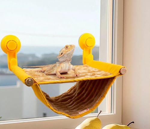 Bearded Dragon Window Hammock with Suction Cups, Soft Reptile Hammock Bed, Double Layered Winter Warm House Tent, Reptile Tank Accessories-Yellow