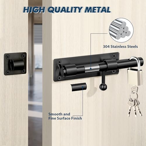 Alise 8inch Barrel Bolt Latch, Slide Bolt Latch, Heavy Duty Solid SUS304 Stainless Steel Slide Lock for Wooden Fence,Barn Door,Interior or Outdoor Door.Matte Black | SUS304 Stainless Steel Padlock-Style Slide Bolt Latch,Security Gate Latch for Wooden Fenc