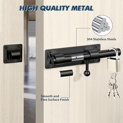 Alise 8inch Barrel Bolt Latch, Slide Bolt Latch, Heavy Duty Solid SUS304 Stainless Steel Slide Lock for Wooden Fence,Barn Door,Interior or Outdoor Door.Matte Black | SUS304 Stainless Steel Padlock-Style Slide Bolt Latch,Security Gate Latch for Wooden Fenc