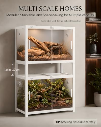 48 Gallon Reptile Tank, Leopard Gecko Reptile Enclosure Front Sliding Door | Stackable ventilation reptile terrariums Tank anti-escape locks and no-fingerprint handles humidification atomization - color: White, size: 48 Gallon