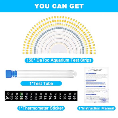 DaToo 8 in 1 Aquarium Test Kit Fish Tank Test Strips Accurate Water Quality Testing Strips for Ammonia PH Total Alkalinity Carbonate Hardness Free Chlorine Nitrate Nitrite Temperature (150 Strips) - size: 150 Strips