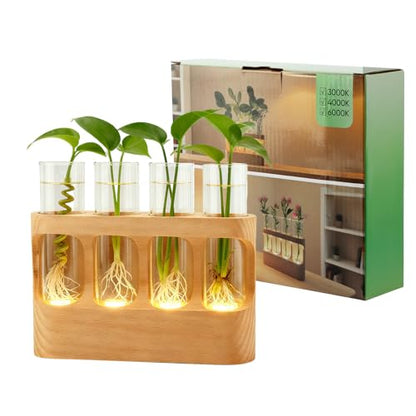 Rechargeable Plant Propagation Station with Wooden Stand,Desktop Terrarium Home Decor Dimmable LED Light 4 Glass Tubes Vases for Hydroponic Plants for Women