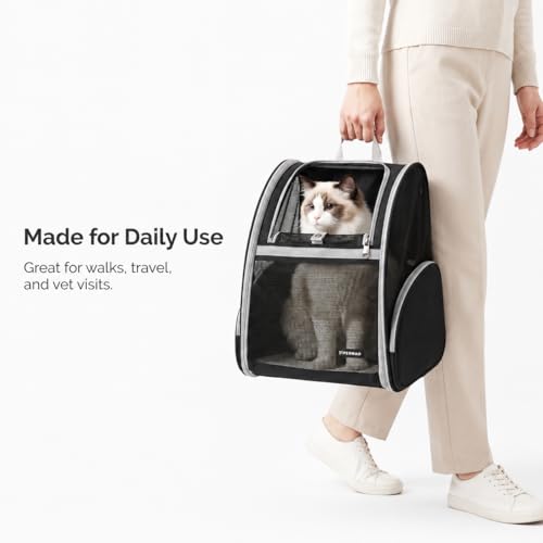 Cat Backpack Carrier for Small Dogs and Medium cat Puppy Kitten Bunny Pet Carrier Backpack Collapsible with Fully Ventilated Mesh with Safety Leash (Black, 12.9" L x 10.62" W x 15.5" H - M) - color: Black, size: Medium