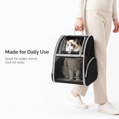 Cat Backpack Carrier for Small Dogs and Medium cat Puppy Kitten Bunny Pet Carrier Backpack Collapsible with Fully Ventilated Mesh with Safety Leash (Black, 12.9" L x 10.62" W x 15.5" H - M) - color: Black, size: Medium