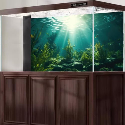 Aquarium Background Underwater Aquatic Plants Rocks Fish Tank Background Tropical Fish Sun Rays Landscapes Terrarium Backgrounds Undersea Rocks Green Seaweeds Reptile Tank Backgrounds Poster 24x12in - color: Green, size: 24(W)x12(H)in
