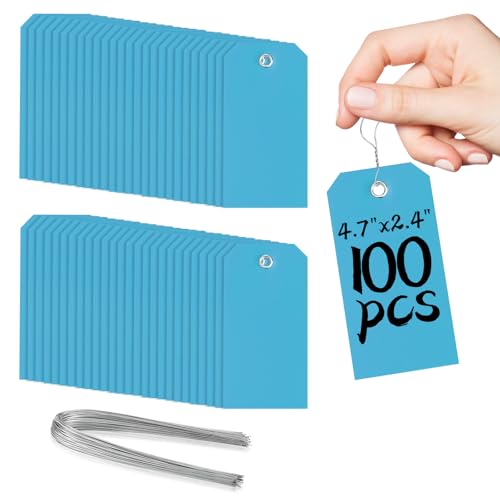 100 Plastic Shipping Tags with Wire - Waterproof, Reinforcement Hole, Durable Labels for Equipment Parts (Baby Blue, 4 3/4" x 2 3/8") - color: Baby Blue, size: 4 3/4" x 2 3/8"