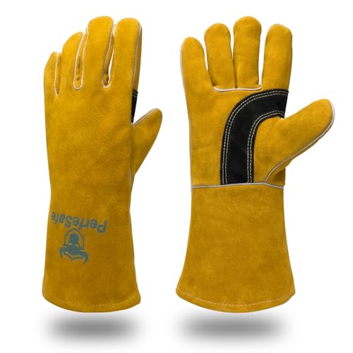 Welding Gloves Heat Resistant Leather Fire Gloves 14 In Yellow | Welders Gloves for MIG TIG Stick, Grill Gloves Mitts for BBQ,Oven,Forge,Fireplace,Fire Pit,Furnace,Wood Stove,Dry Ice,Baking - color: 14 Inches Yellow