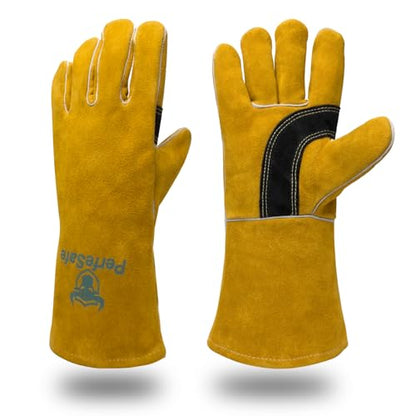 Welding Gloves Heat Resistant Leather Fire Gloves 14 In Yellow | Welders Gloves for MIG TIG Stick, Grill Gloves Mitts for BBQ,Oven,Forge,Fireplace,Fire Pit,Furnace,Wood Stove,Dry Ice,Baking - color: 14 Inches Yellow