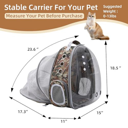 Expandable Cat Carrier Backpack with Bubble Window, Camo | Breathable mesh, anti-collapse frame, side door, safety leash and escape-resistant zippers for vet visits and outdoor travel. - color: Camo