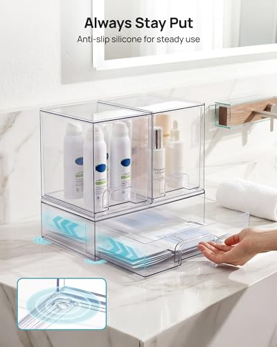 Vtopmart Stackable Storage Drawers Set of 3, Clear Plastic Organizer Bins for Bathroom Supplies, Ideal for Cabinet,Shelf, Pantry, Laundry Room Organization - style: 2 High+1 Wide