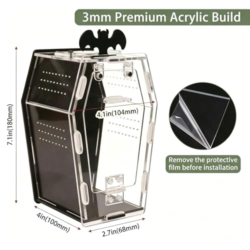 Acrylic Coffin Jumping Spider Enclosure Magnetic Lock Terrarium Kit | Clear acrylic with magnetic locks, feeding port, ventilation. For jumping spiders, tarantulas. 7.1-inch habitat, easy setup.