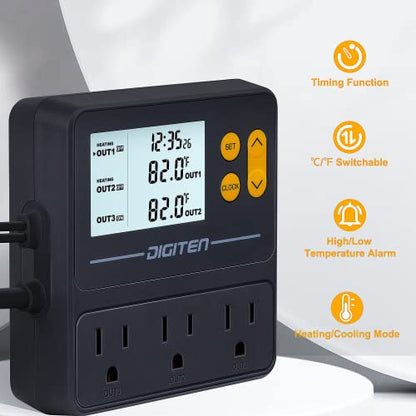 DIGITEN Day-Night Reptile Temperature Controller with Timer | 3-Stage Thermostat Outlet, Cooling & Heating Mode for Terrarium, Ball Python, Bearded Dragon, Heat Mat,Mushroom, Fermentation