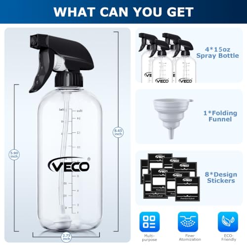Veco 15oz Graduated Spray Bottles, 4-Pack — 360° Any-Angle Spraying for Easy Dilution, Leak-Resistant spray bottles for Cleaning, Plants, Hair & Pet Use + Foldable Funnel - size: 15oz