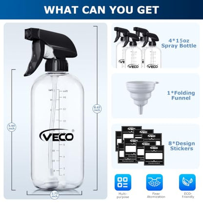 Veco 15oz Graduated Spray Bottles, 4-Pack — 360° Any-Angle Spraying for Easy Dilution, Leak-Resistant spray bottles for Cleaning, Plants, Hair & Pet Use + Foldable Funnel - size: 15oz