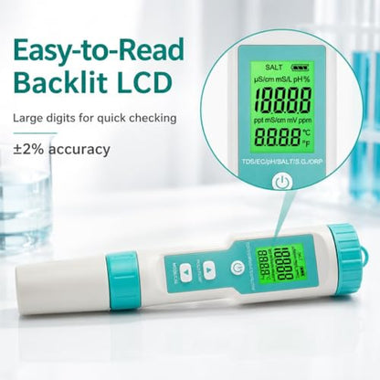 7 in 1 Water Quality Tester, Digital pH Meter TDS EC ORP Salinity S.G Temperature Meter, Pen Type Multi-Parameter Water Test Kit with Backlit LCD for Drinking Water Pool Aquarium Hydroponic Cooking