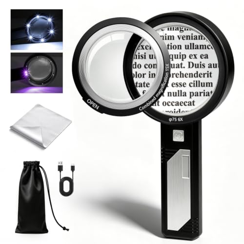 MLOGIROA Rechargeable Handheld Magnifier with LED & UV Light, 6X 9X 15X | Detachable 9X lens, USB-C charging, storage pouch, clean cloth, for reading, coins, stamps, jewelry, currency