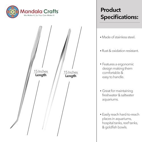 Mandala Crafts Stainless 15" Straight Curved Fish Tanks Aquarium Tweezers | 15 Inch Forceps, Rust Resistant Stainless Steel, Trimming Aquatic Plants, Bowls, Terrariums, Freshwater & Saltwater Aquascape - color: Stainless Steel Curved Straight Tweezers, si