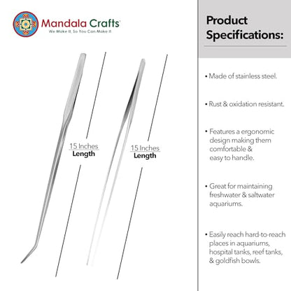Mandala Crafts Stainless 15" Straight Curved Fish Tanks Aquarium Tweezers | 15 Inch Forceps, Rust Resistant Stainless Steel, Trimming Aquatic Plants, Bowls, Terrariums, Freshwater & Saltwater Aquascape - color: Stainless Steel Curved Straight Tweezers, si