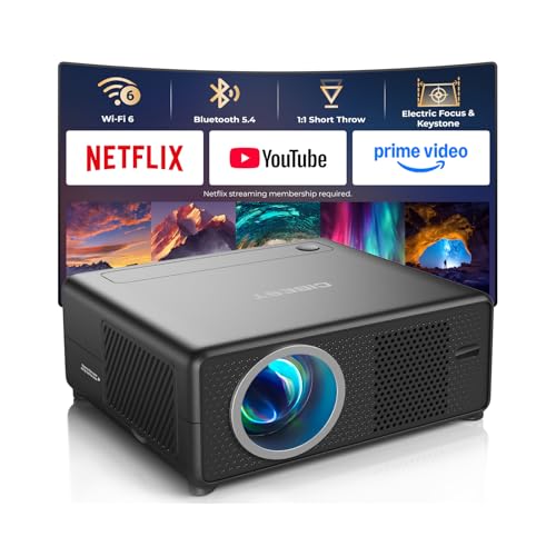 Mini Projector with WiFi and Bluetooth, Short Throw Full HD 1080P | Smart Projector Compatible with Netflix/YouTube/PrimeVideo, Electric Focus & Keystone, Portable Movie/Outdoor/Indoor Use - color: Black