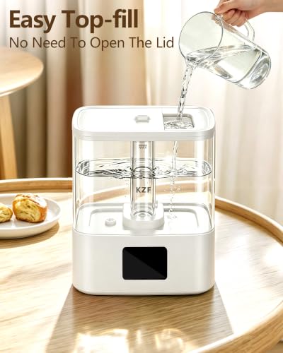 KZF 4L Top Fill Humidifiers for Bedroom & 40H Runtime - Cool Mist Humidifier, 3 Mist Levels, 8H Timer, Essential Oil Tray, Humidity Display, Quiet for Baby, Plants, Large Room (White, 4, Liters) - color: White