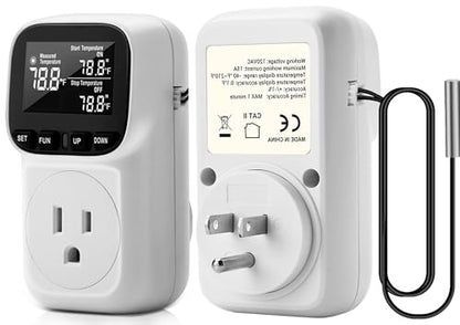 Diymore Digital Plug in Thermostat Outlet Temperature Controller Electric Digital Thermostat Heating Cooling Mode Timer Socket 120V Heating Cooling Control 110V 15A Celsius Fahrenheit Display, White - style: Modern