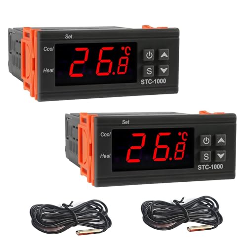 STC-1000 Digital Temperature Controller AC 10A 110V-220V (2 Pack) | Digital LED Temperature Controller Heating Cooling Centigrade Thermostat 2 Relays Output with NTC Sensor Probe