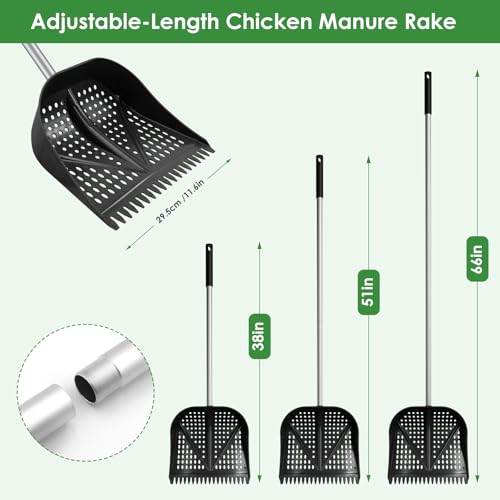 Thiswing Chicken Poop Scooper & Rake 2-in-1, Black | Adjustable Handle Length, Features Manure Sifting Capability, Ideal for Chicken Coops and Farm Animal Cleaning - color: Black