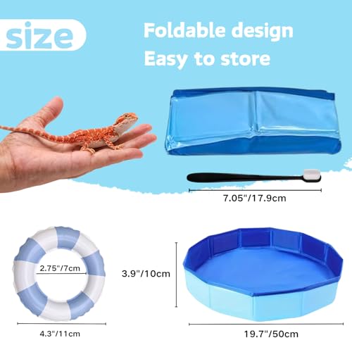 Foldable Bearded Dragon Bathtub with 2Pcs Reptile Mini Swimming Rings & Pump and 1Pcs Soft Brush, Bearded Dragon Accessories, Small Pet Bath Accessories (Blue) - color: Blue