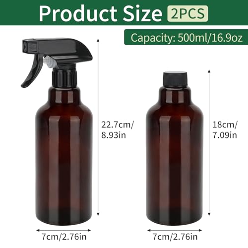Glass Spray Bottles 16.9oz/500ml 2 Pack Brown Empty Spray Bottle | Mist/Stream Heavy Duty, Water Spraying Bottle, for Cleaning, Cooking Solutions, Hair Care, Including a funnel and two lid - color: B-Brown