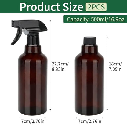 Glass Spray Bottles 16.9oz/500ml 2 Pack Brown Empty Spray Bottle | Mist/Stream Heavy Duty, Water Spraying Bottle, for Cleaning, Cooking Solutions, Hair Care, Including a funnel and two lid - color: B-Brown