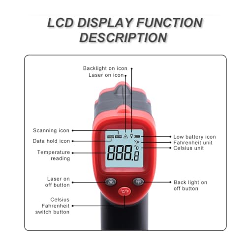 Infrared Thermometer Temperature Gun, -50 ℃ ~ 550 ℃ (-58 ℉ ~ 1022 ℉), Temperature Reader, Handheld Heat Temperature Gun for Cooking, BBQ, Pizza, Oven, Meat, Candy