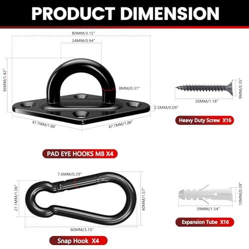 304 Stainless Steel Pad Eye Snap Hook,M8 Ceiling Hook 1200Lb,8Pcs | Hanging Kit with Screws for Hammock Chair Swing, Yoga Gym Equipment, Sun Shade Sail, Plant Hangers & Marine Boat Hardware - size: 3.15 inch, style: Black Rhombus